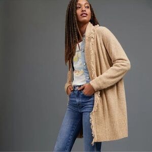 Anthropologie Elsa Fringed Oversized Cardigan Sweater in Beige Size S